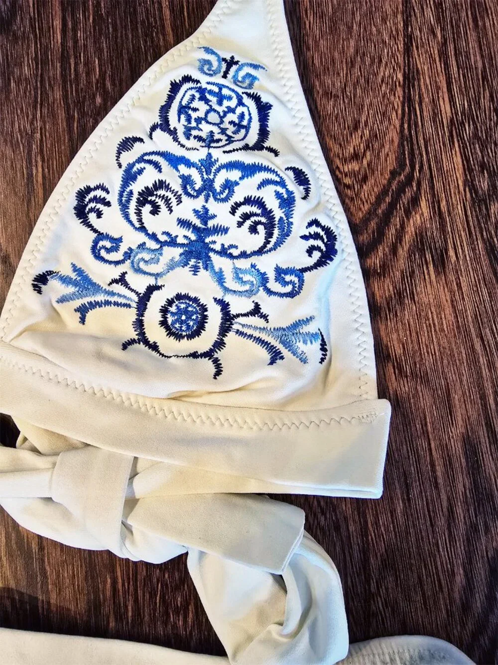 Anthropologie Becca White & Blue Porcelain Triangle Halter Bikini Size Medium
